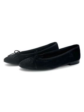 Chanel CC Logo Bow Black Suede Cap Toe Ballerina Flats 37.5